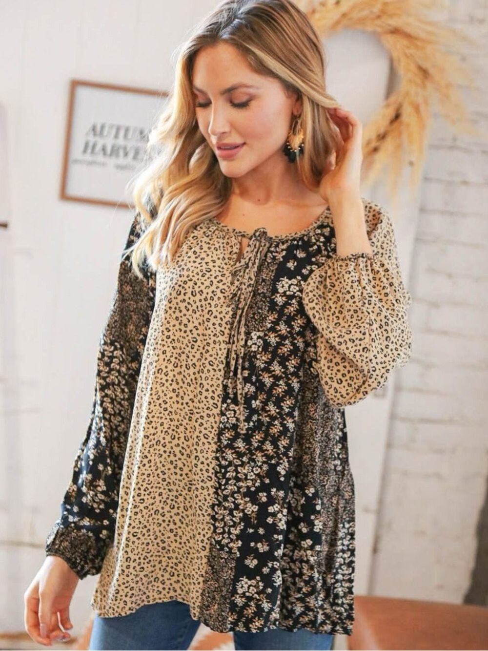 Haptics by Holly Harper Leopard and Floral Color Block Key Hole Top